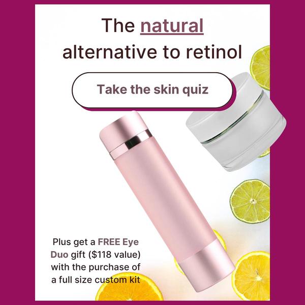A clean, minimalist 1:1 graphic ad promoting a natural skincare product line with a quiz and a free gift incentive.